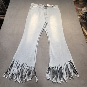 NWT Almost Famous Jeans Womans 20 Blue High Rise Flare Distressed Fringe Hem